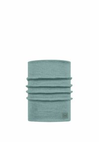 Turquoise Buff neck gaiter made of soft, stretchy fabric, featuring vertical ribbed texturing and a small logo on the lower right.