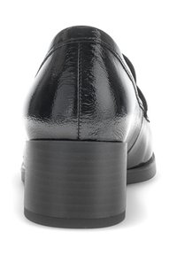 Black leather shoe with a glossy finish, featuring a round toe and a medium-sized block heel. Smooth texture with minimal detailing.