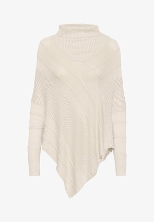 Beige neuleponcho, jossa on korkea kaulus ja vinot ribbikuvioinnit. Ominaisuuksiin kuuluu epäsymmetrinen leikkaus ja pitkät hihat, joissa on ribbireunat.