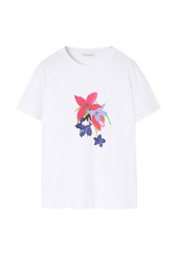 Hvid bomulds T-shirt med blomsterprint i lyserøde, blå og lilla farver. Korte ærmer og rund halsudskæring.