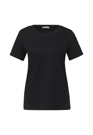 Musta lyhythihainen pyöreäkauluksinen t-paita, yksinkertainen malli, puuvillakangas, valkoisella taustalla esitetty.