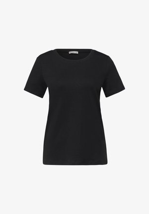 Musta lyhythihainen pyöreäkauluksinen t-paita, yksinkertainen malli, puuvillakangas, valkoisella taustalla esitetty.