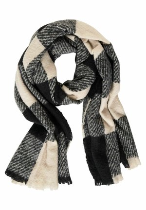 Écharpe en laine à carreaux noirs, gris et beige, pliée en boucle avec des bords à franges sur un fond blanc.