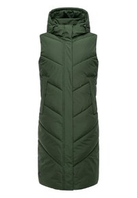 Green sleeveless puffer vest with a high collar, quilted chevron design, two side pockets, and a front zipper closure.