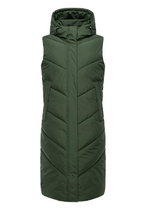 Gilet sans manches matelassé vert avec un col montant, design en chevrons matelassé, deux poches latérales et fermeture éclair à l'avant.