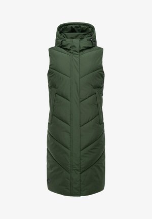 Green sleeveless puffer vest with a high collar, quilted chevron design, two side pockets, and a front zipper closure.