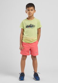 T-shirt verde chiaro con grafica di montagna, abbinato a pantaloni corti corallo con una tasca. Il bambino indossa scarpe da ginnastica blu con accenti neri.