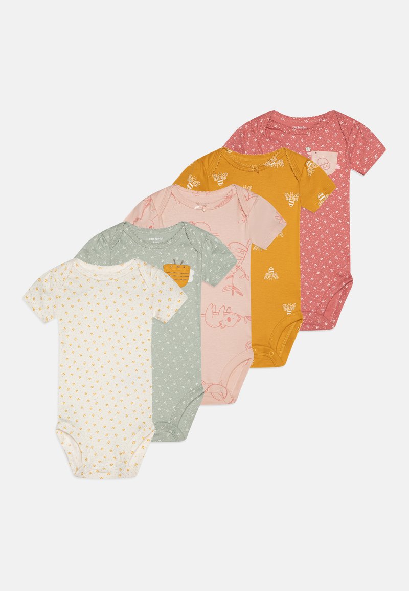 Set di cinque body a maniche corte per neonato in vari colori: giallo, verde, rosa, senape e rosso, con motivi e stampe giocose.