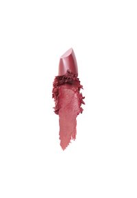  Lippenstift in einer sanften, gedämpften Rosafarbe mit einer glatten, cremigen Textur. Er hat eine leicht abgerundete Spitze und eine ungleichmäßige Anwendung.