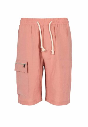 Lyserøde shorts lavet af letvægtsmateriale med justerbar snor i taljen, sidelommer og en lynlåslomme.
