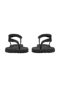 Black sandals with a braided rope sole, featuring adjustable straps at the heel and toe for secure fit. Flat, textured footbed.