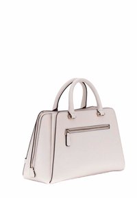 Borsa strutturata in materiale testurizzato beige chiaro. Caratterizzata da doppi manici superiori e una tasca frontale con zip e dettagli in tono oro.