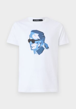 White cotton t-shirt featuring a blue geometric graphic of a face wearing sunglasses. Crew neck design with short sleeves.