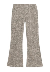 Spodnie cargo z rozszerzanymi nogawkami w beżowo-brązowy wzór w cętki. Oferują kieszenie naszywane po bokach, wykonane z lekkiego materiału.