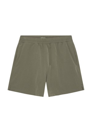 Shorts con fascia elastica color verde oliva, dotati di tasche laterali e del delicato logo "NN-07" sulla parte inferiore della gamba destra.