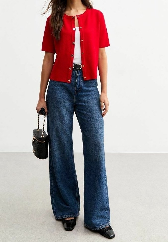 Femme portant un cardigan rouge à manches courtes boutonné, un haut blanc, un jean bleu à jambes larges, des chaussures noires, et tenant un sac à main noir matelassé.