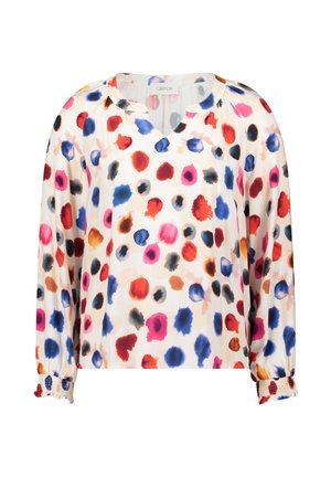 Lichtgewicht blouse met een V-hals, voorzien van een kleurrijk stippenpatroon in rood, blauw, roze en oranje op een crèmekleurige achtergrond. Mouwen met plooien.