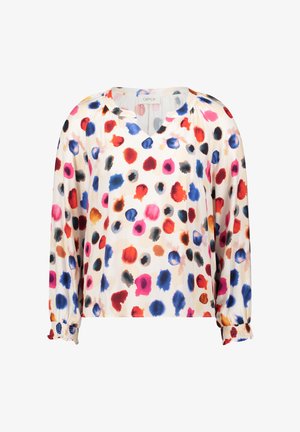 Lichtgewicht blouse met een V-hals, voorzien van een kleurrijk stippenpatroon in rood, blauw, roze en oranje op een crèmekleurige achtergrond. Mouwen met plooien.