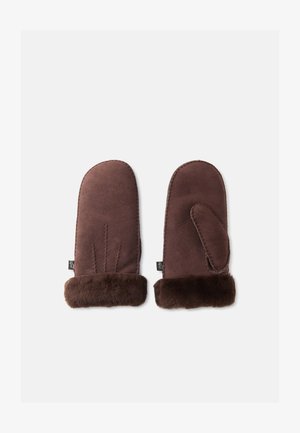 Braune Wildlederhandschuhe mit einem Fellbund; haben ein Daumendesign. Sanfte Textur mit gestickten Details auf der Rückseite.