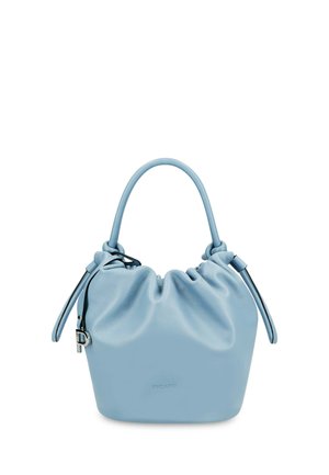 Hellblaue Leder-Bucket-Bag mit gerafftem oberen Teil, einem Henkel und kleinem silbernem Schlossdetail am Seitenriemen.