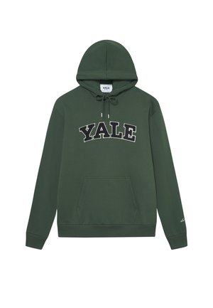 Green hooded sweatshirt made of soft fabric with a front pocket. Features "YALE" in white lettering across the chest. Adjustable drawstring hood.