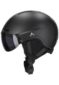 Sort skihjelm med et strømlinet design, justerbar rem, integreret visir og ventilationsåbninger for luftstrøm.