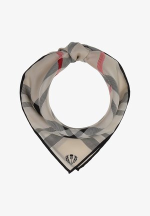 Sciarpa di seta beige con un motivo a quadretti nero e rosso, caratterizzata da un logo nell'angolo e una forma triangolare con una finitura elegante.