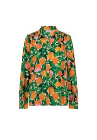 Groene bloemenoverhemd met oranje rozen en citrusvruchten op een lichte achtergrond. Knoopsluiting met lange mouwen en manchetten.