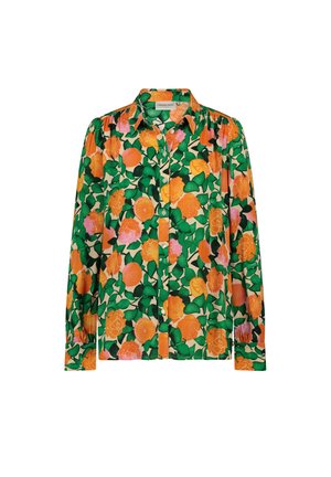 Green floral shirt featuring orange roses and citrus fruits on a light background. Button-up design with long sleeves and cuffed wrists.