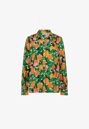 Grünes Blumenhemd mit orangen Rosen und Zitrusfrüchten auf einem hellen Hintergrund. Knopfverschluss-Design mit langen Ärmeln und geknöpften Handgelenken.