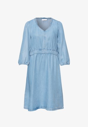 Lyseblå knælange denimbeklædning med trekvart puffede ærmer, V-udskæring og detaljeret talje.