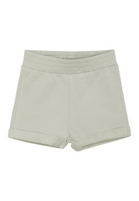 Ljusgrå bomullsshorts med elastisk midja, uppvikta fållar och en slät textur. Inga fickor eller distinkta mönster.