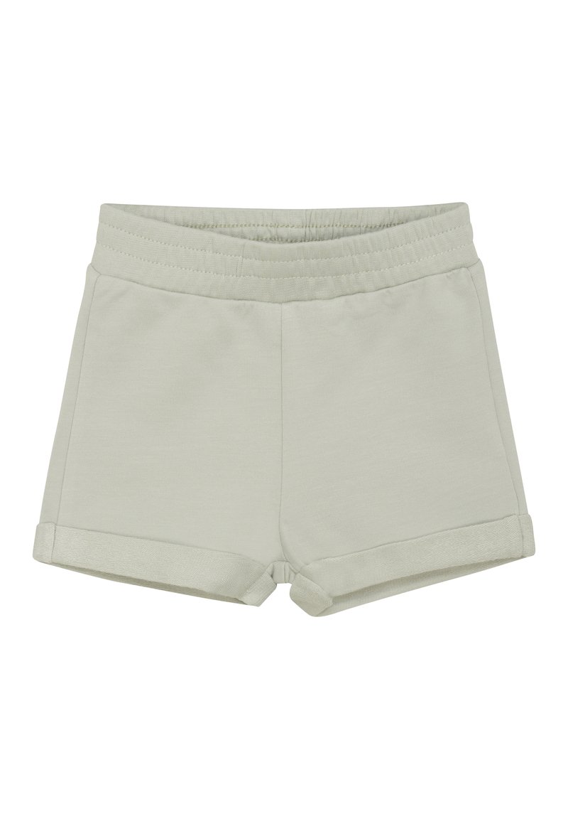 Ljusgrå bomullsshorts med elastisk midja, uppvikta fållar och en slät textur. Inga fickor eller distinkta mönster.