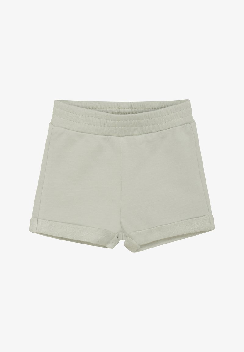 Ljusgrå bomullsshorts med elastisk midja, uppvikta fållar och en slät textur. Inga fickor eller distinkta mönster.