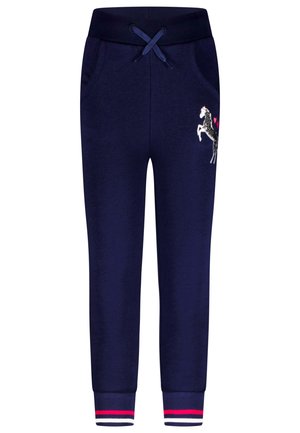 Donkerblauwe sweatpants van zachte stof, voorzien van een geborduurd paardenontwerp aan de linkerkant en gestreepte accenten op de boorden. Inclusief zakken en een trekkoord.