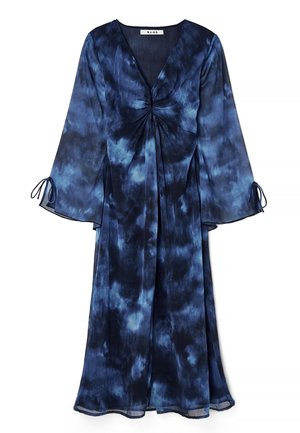 Long flowy dress in dark blue tie-dye print, featuring a deep V-neck, gathered center, and bell sleeves with tie details. Lightweight fabric.