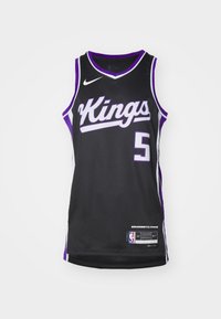 Juodas krepšinio marškinėliai su užrašu "Kings" baltomis raidėmis, numeris 5 baltai, su purpurinėmis akcentais ir Nike logotipu; megzto audinio.