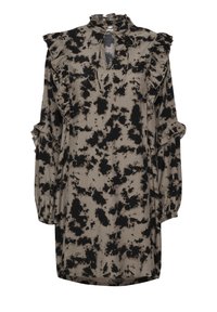 Vestido de teñido anudado en negro y beige con un collar y mangas con volantes. Presenta un escote con forma de ojo de cerradura y una silueta fluida. Textura de tela suave.