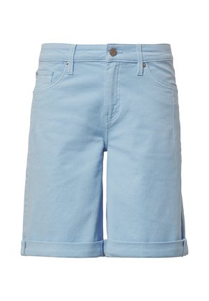 Helleblaue Jeansshorts mit umgeschlagenen Säumen, Fünf-Taschen-Design, Knopfverschluss vorne und Kontrastnähten. Glatte Textur, lässiger Stil.