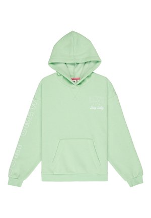 Sudadera con capucha de color verde claro con bolsillo delantero, texto blanco "ROXY Stay Salty" en el pecho y texto blanco en la manga izquierda.