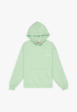 Sudadera con capucha de color verde claro con bolsillo delantero, texto blanco "ROXY Stay Salty" en el pecho y texto blanco en la manga izquierda.