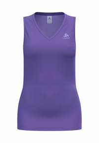 V-neck, sleeveless athletic top in purple, featuring a textured fabric and a small logo on the upper left. Designed for sport or casual wear.