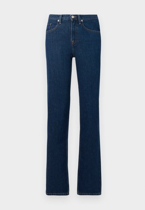 Tmavě modré džíny z denimu s rovnými nohavicemi, pěti kapsami a předním zapínáním na knoflík. Vhodné pro každodenní nošení.