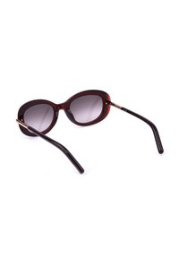 Lunettes de soleil ovales marron foncé avec verres dégradés et branches fines, vues de l'arrière sur un fond blanc.