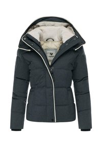 Giubbotto imbottito grigio scuro con interno beige, dotato di cappuccio, chiusura con zip e rifiniture a contrasto. Tessuto morbido con imbottitura a scatola.