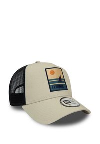 Beige baseball cap with a black mesh back, featuring a colorful embroidered patch of a sunset and sailboat, along with the word "Florida."