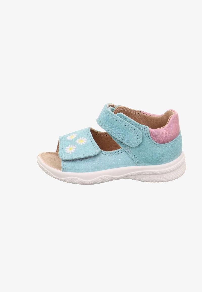 Light blue toddler sandal with two Velcro straps, white daisy embroidery on front strap, pink heel accent, and white rubber sole.