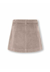 Mini spódnica z kordurowej tkaniny w jasnym beżu, z pionową teksturą ribbed, wyraźną talią i czystą linią hemu z minimalnymi detalami przeszyć.