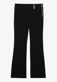 Black flared pants made of a smooth fabric. Features a high waist, three decorative buttons, and a zippered side pocket.