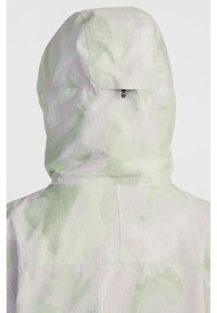 Light green jacket with a patterned hood, featuring subtle abstract shapes in varying shades. Includes a zippered closure at the back.